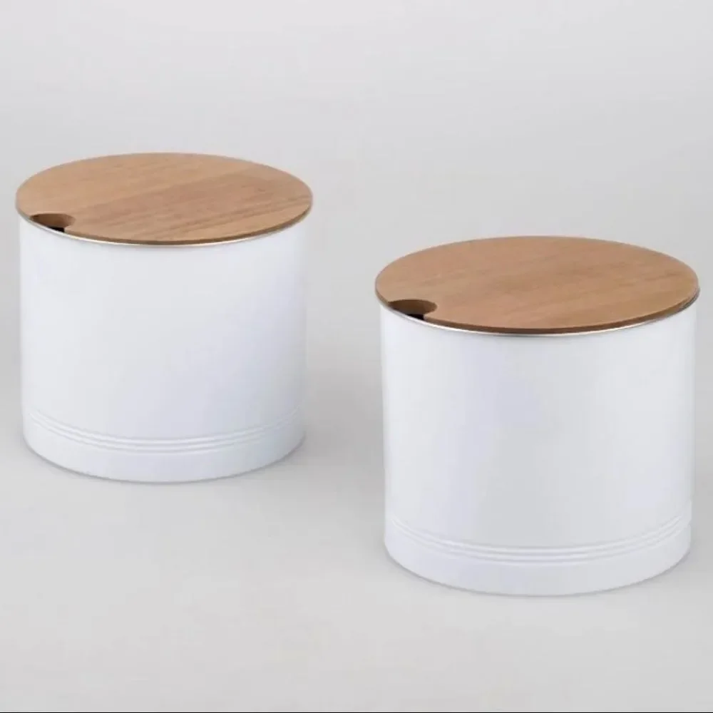 NWT New & Sealed White Metal Aluminum with Wood Lid Storage Container Canister